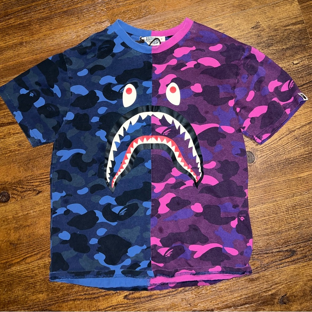 A BATHING APE World Gone Mad Pink Blue Camo Split Short Sleeve Shirt Size M